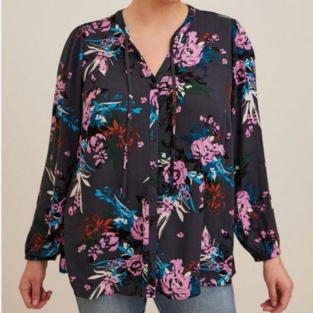 Torrid Gray Floral Crinkle Gauze Button Front Peasant Top Blouse Women's Size 5X
